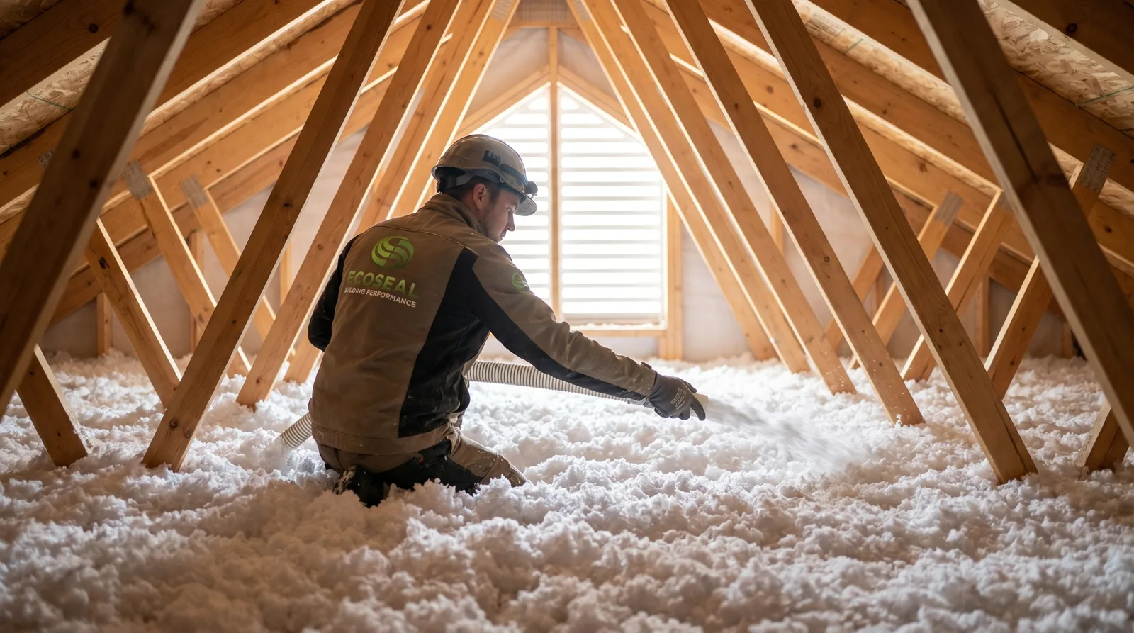 Installer adding blown-in insulation between the joists of a BC attic