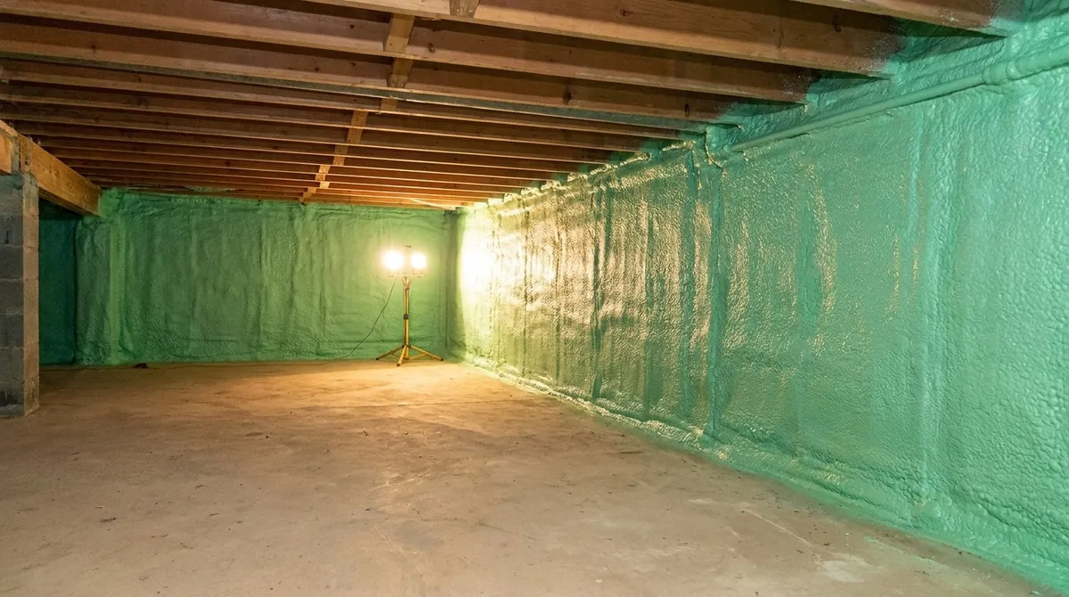 A sealed crawlspace with closed-cell spray foam covering the foundation walls under the floor joists